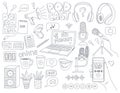 Set of doodle outline symbols of a podcast, radio show, broadcast. Microphones, laptop, headphones, megaphone, lettering