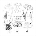 Set of doodle outline umbrellas. Children and adults different umbrellas with raindrops. Doodle style folded and open umbrellas.