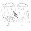 Set of doodle outline umbrellas. Children and adults different umbrellas with raindrops. Doodle style folded and open umbrellas.