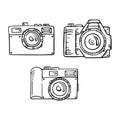 Set of doodle photo cameras. Vector hand draw illustration.