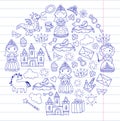 Set of doodle princess and fantasy icon and and design element for invitation and greeting card. Kids drawing