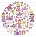 Set of doodle princess and fantasy icon and and design element for invitation and greeting card. Kids drawing