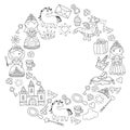 Set of doodle princess and fantasy icon and and design element for invitation and greeting card. Kids drawing