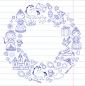 Set of doodle princess and fantasy icon and and design element for invitation and greeting card. Kids drawing