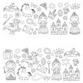 Set of doodle princess and fantasy icon and and design element for invitation and greeting card. Kids drawing