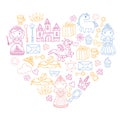 Set of doodle princess and fantasy icon and and design element for invitation and greeting card. Kids drawing