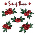 Set of doodle roses, red rose and green leaves on white background and example Royalty Free Stock Photo