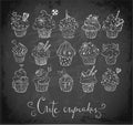 Set of doodle sketch cupcakes with decorations on blackboard background. Vector illustration.