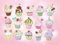 Set of doodle sketch cupcakes with decorations on pink background. Vector illustration.