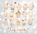 Set of doodle sketch cupcakes with decorations on white glowing background. Vector illustration.