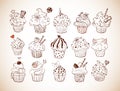 Set of doodle sketch cupcakes with decorations in vintage style. Vector illustration.