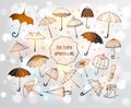 Set of doodle sketch umbrellas on white glowing background Royalty Free Stock Photo
