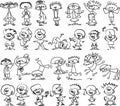 Set of doodle sketchy happy kids jumping with joy, black and white outline vector illustrations