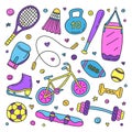 Set of doodle sport items, equipment.