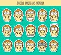 Set 15 doodle sticker heads of monkeys with different emotions.