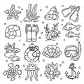 A set of doodle-style marine vector drawings on an isolated white background.Shells, diving accessories, marine life, algae.