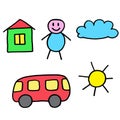 Set of doodle style vector illustrations. Hand drawn icons for design or decor. Cartoon house, man, cloud, bus and sun Royalty Free Stock Photo