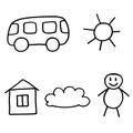 Set of doodle style vector illustrations. Hand drawn icons for design or decor. Cartoon house, man, cloud, bus and sun Royalty Free Stock Photo