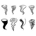 Set of doodle Tornado isolated on white background. Hurricane. Hand drawn design elements set. vector illustration