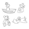 Set of doodle toys. Simple coloring page, children s drawing toys. Collection of cartoon toys, black and white linear