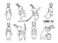 Set of doodle vector bunnies. Hand drawn cartoon bunny with backpack in school. Cute sketch character design. Rabbit schoolboy . D