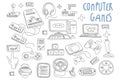 Set of doodle vector icons related to computer games. Joysticks, gaming controllers, computer and laptop. Gamer in