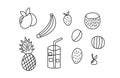 Set of doodle vegan fruit in cartoon style. Linear line art hand drawn fruits. Royalty Free Stock Photo