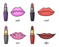 Set of doodle womens lips and lipsticks