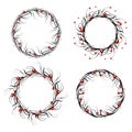 Set of doodle wreath of twigs and berries.