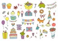 Set of doodles birthday design elements. Hand-drawn garlands and balloons, music notes, gift boxes, party blowouts