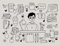 Set doodles business and work. Man at table with laptop, communication and online messages, face emotion and phone with