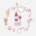 Set of doodles drinks in vector. Royalty Free Stock Photo