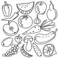 Set doodles elements vegetables and fruits. Vegetarian food