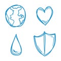 Set in doodles of globe, heart, water drop and shield, Vector illustration Royalty Free Stock Photo