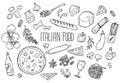 Set of doodles, hand drawn rough simple Italian cuisine food sketches. Isolated on white background Royalty Free Stock Photo