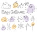 Set doodles Happy Halloween. Jack pumpkin, ghost, skull and crossbones, grave, fly agaric, witch hat, scythe and broom Royalty Free Stock Photo