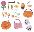 Set of doodles isolates for halloween: pumpkins, candies and sweets, lettering, magic items, candy collection bags