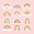 Set of doodles, rainbows, sun with clouds and flowers in retro boho style. Baby stickers, scrapbook icons Royalty Free Stock Photo