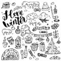 A set of doodles on the theme of the winter season - snowflakes, Christmas tree, gift boxes, classic decorations Royalty Free Stock Photo