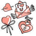 set of doodles for Valentine\'s Day, heart-lock with a key, love letter, candy heart, heart with an arrow in gray-pink shades Royalty Free Stock Photo