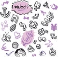 Set of Doodles - Various Objects Elements, Nature, Currency, Pastries, Flower, Leaves Royalty Free Stock Photo