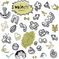 Set of Doodles - Various Objects Elements, Nature, Currency, Pastries, Flower, Leaves Royalty Free Stock Photo
