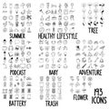 Set of doodles vector icon Summer, Healthy Lifestyle, Tree, Podcast, Baby, Adventure, Battery, Trash, Flower Royalty Free Stock Photo