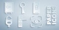 Set Door handle, Mobile with closed padlock, Lock key, Eye scan, Old and Safe icon. Vector