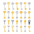 Set of Door Keys Isolated on White Background, Silver, Golden, Magnetic, Modern and Classic Retro Keys. Magic Fairy Tale Royalty Free Stock Photo