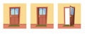 Set of doors. Open, half ajar and locked. From inside of room at home. Yellow wall. Way is open. Cartoon style. Vector