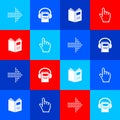 Set Dots arrow, Audio book, Open and Pixel hand cursor icon. Vector