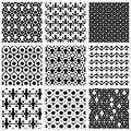 Set of dotted seamless patterns with rings, squares and geometric figures, monochrome polka dot tiles, infinite geometric surface