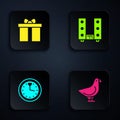 Set Dove, Gift box, Clock and Home stereo with two speakers. Black square button. Vector