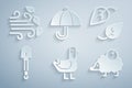 Set Dove, Leaf, Shovel, Hedgehog, Umbrella and Windy weather icon. Vector